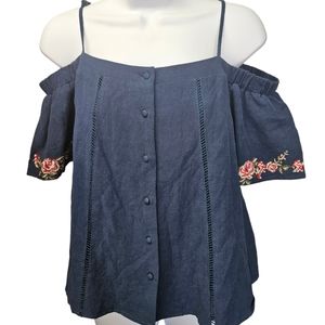 J.O.A. Cotton linen blend off shoulder top.